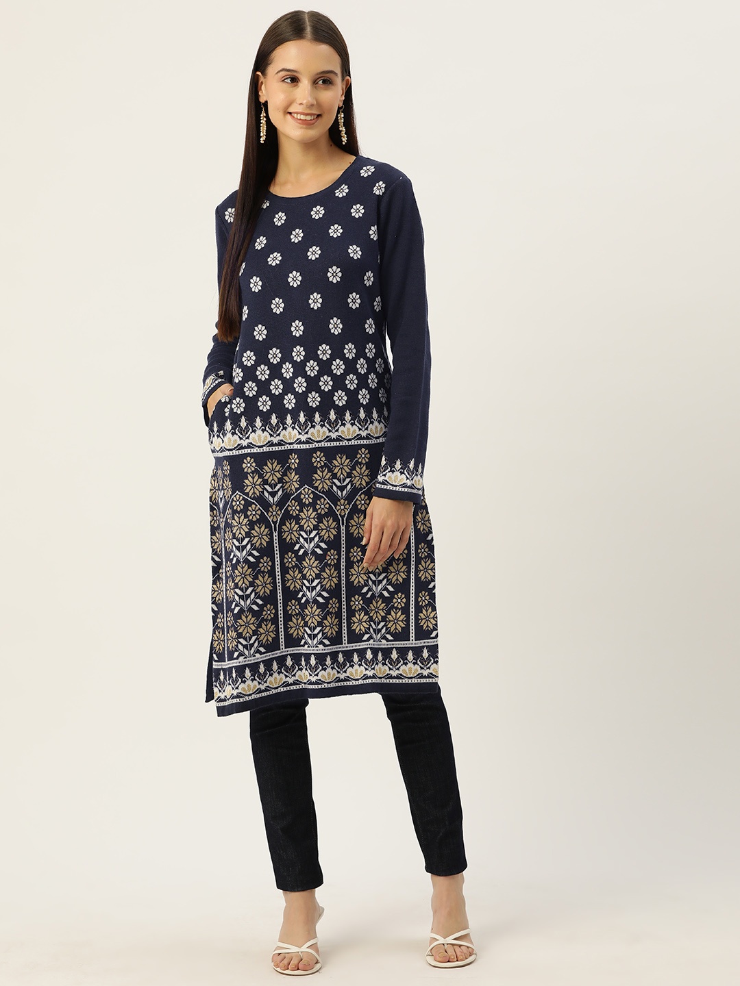 

American Eye Woven Designed Straight Winter Kurta, Navy blue