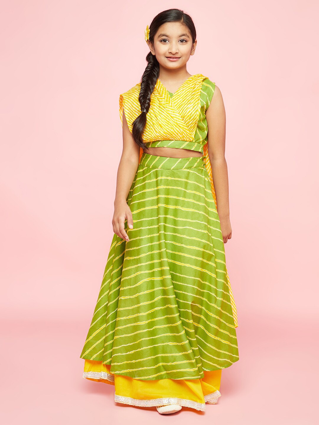 

Aks Kids Girls Leheriya Printed Ready to Wear Cotton Lehenga Choli With Dupatta, Green