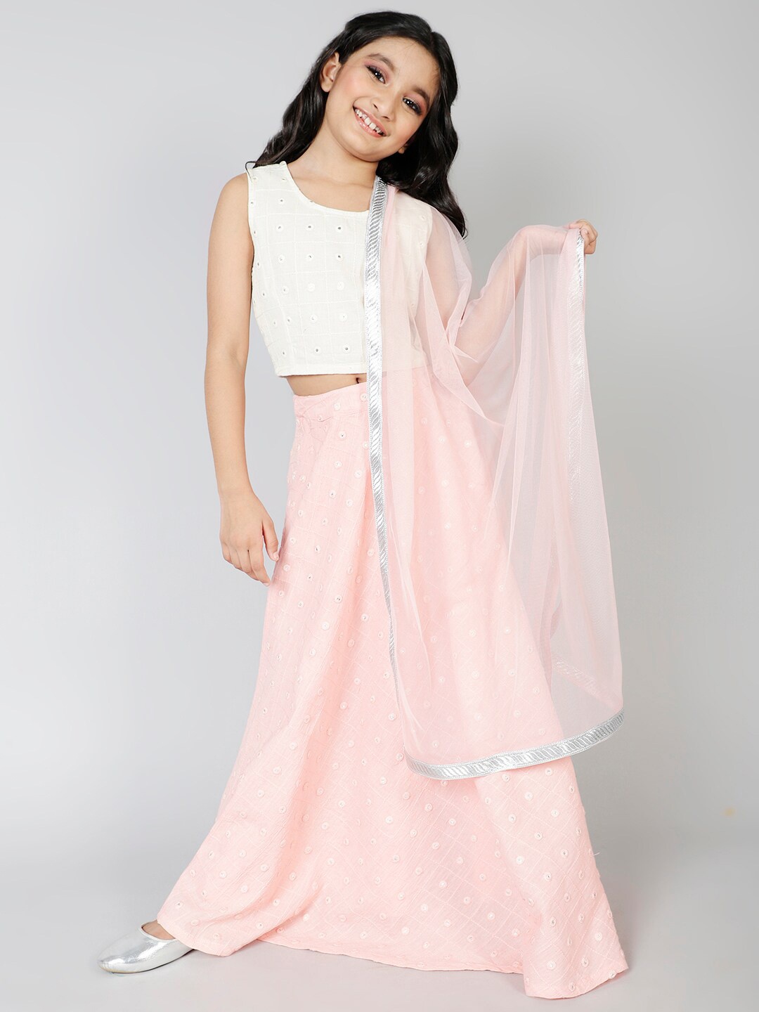 

Aks Kids Girls Mirror Work Ready to Wear Cotton Lehenga Choli With Dupatta, Pink