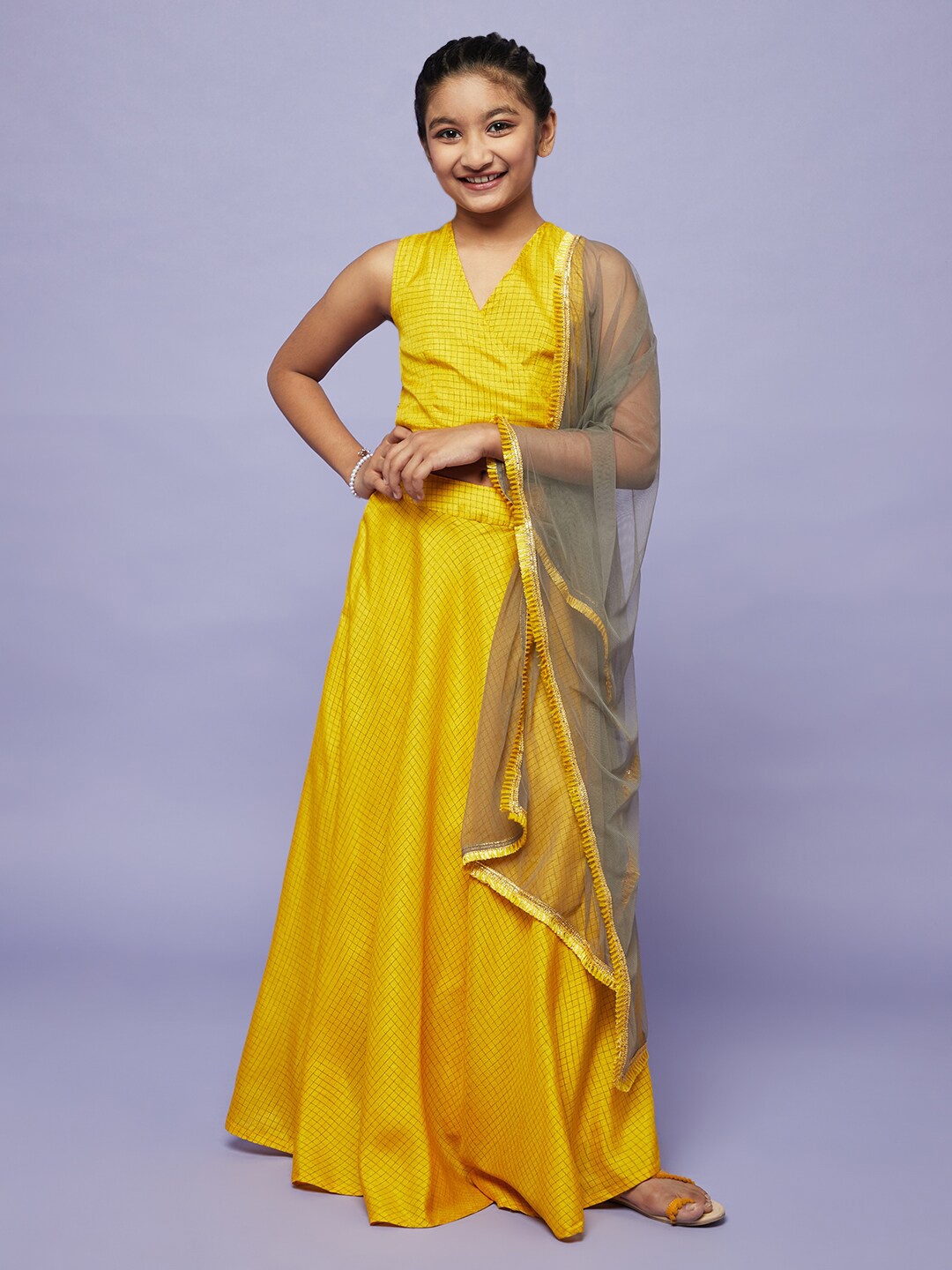 

Aks Kids Girls Checked Ready To Wear Lehenga Choli With Net Dupatta, Yellow