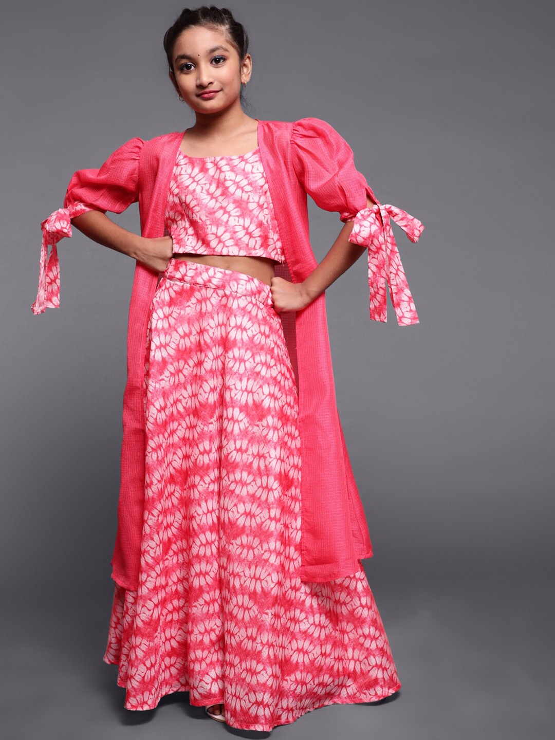 

Aks Kids Girls Tie & Dye Printed Ready to Wear Lehenga Choli With Jacket, Pink