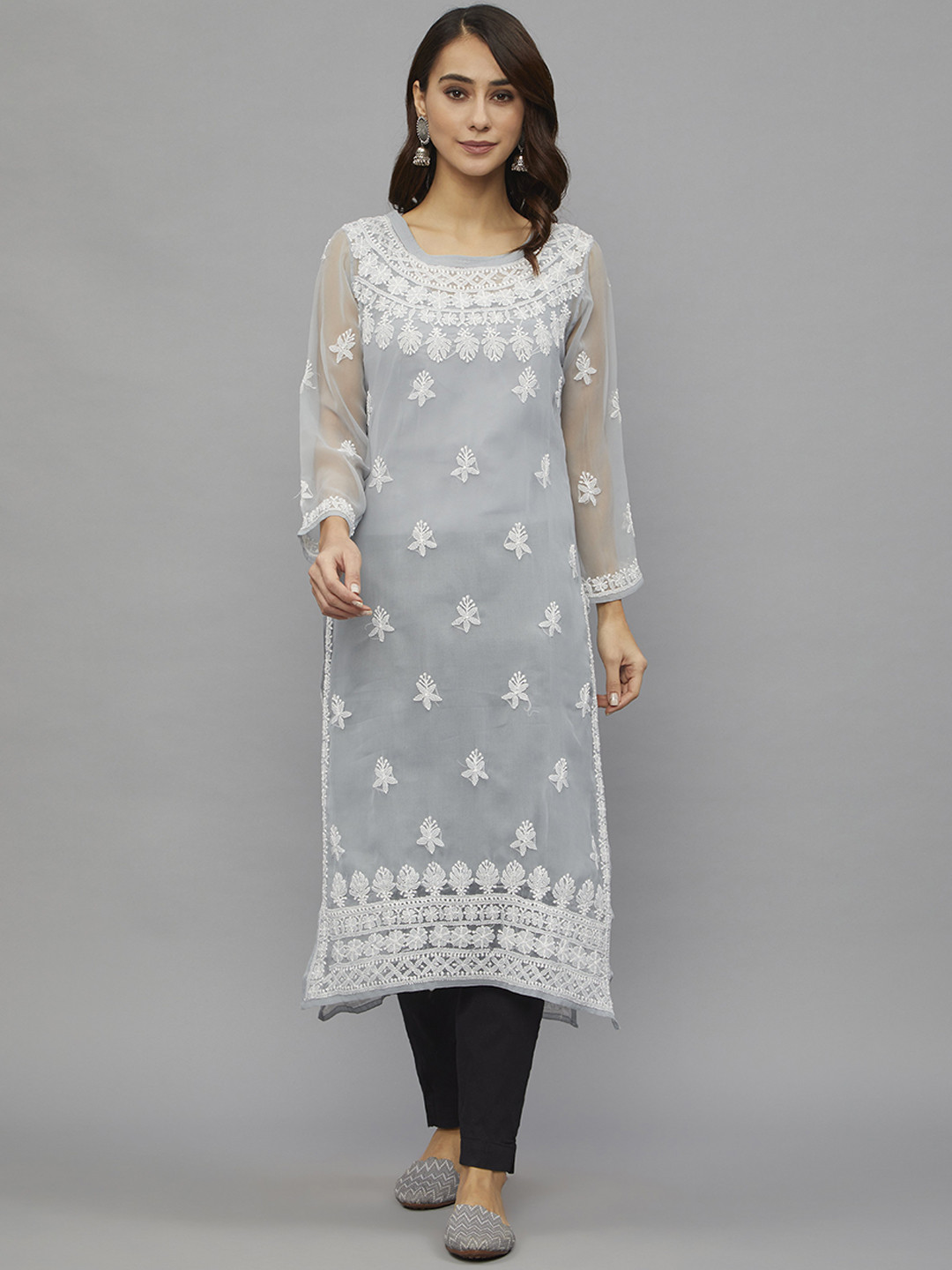 

Ethnava Ethnic Motifs Embroidered Straight Kurta, Grey