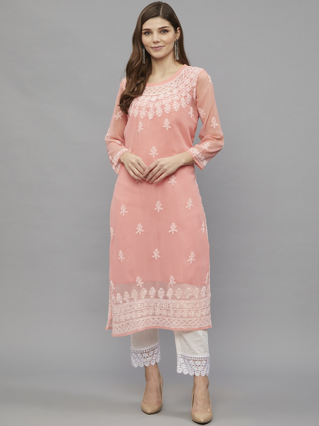 

Ethnava Ethnic Motifs Embroidered Straight Kurta, Peach