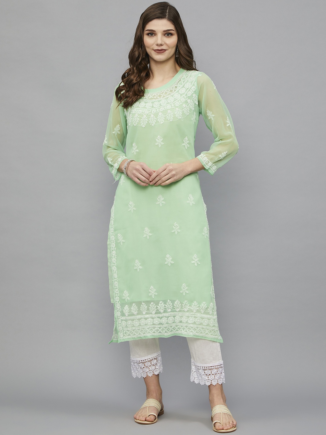 

Ethnava Ethnic Motifs Chikankari Embroidered Georgette Kurta, Green