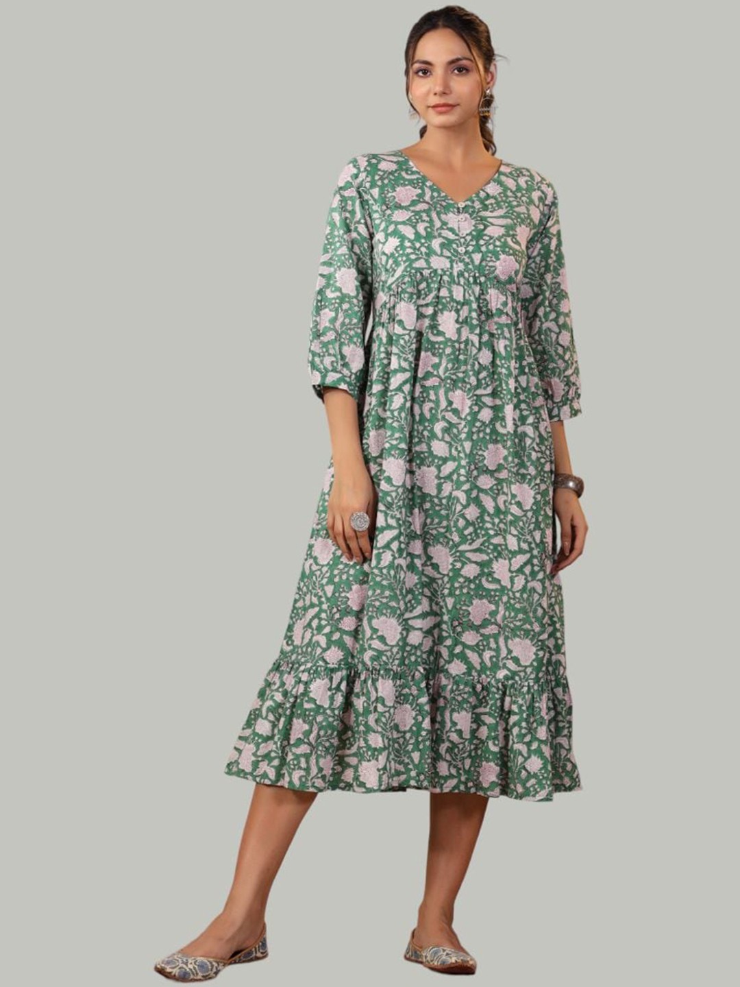 

Shuddhi Floral Printed Gathered Cotton Ethnic Dress, Green