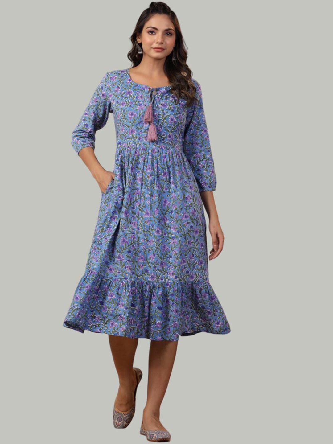 

Shuddhi Floral Printed Gathered Fit & Flared Cotton Ethnic Dress, Blue