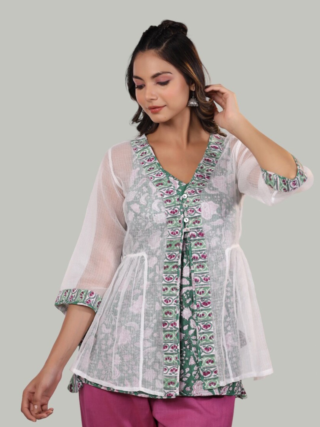 

Shuddhi Floral Printed Cotton A-Line Top, White