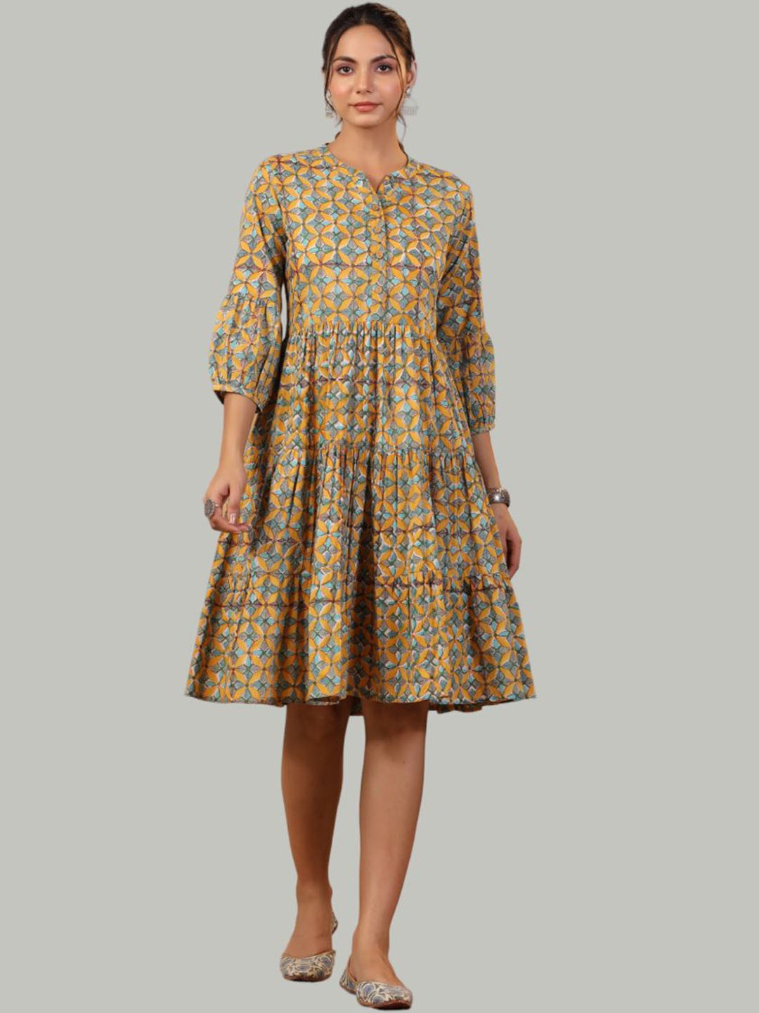 

Shuddhi Geometric Printed Cotton Tiered Fit & Flare Ethnic Dress, Yellow