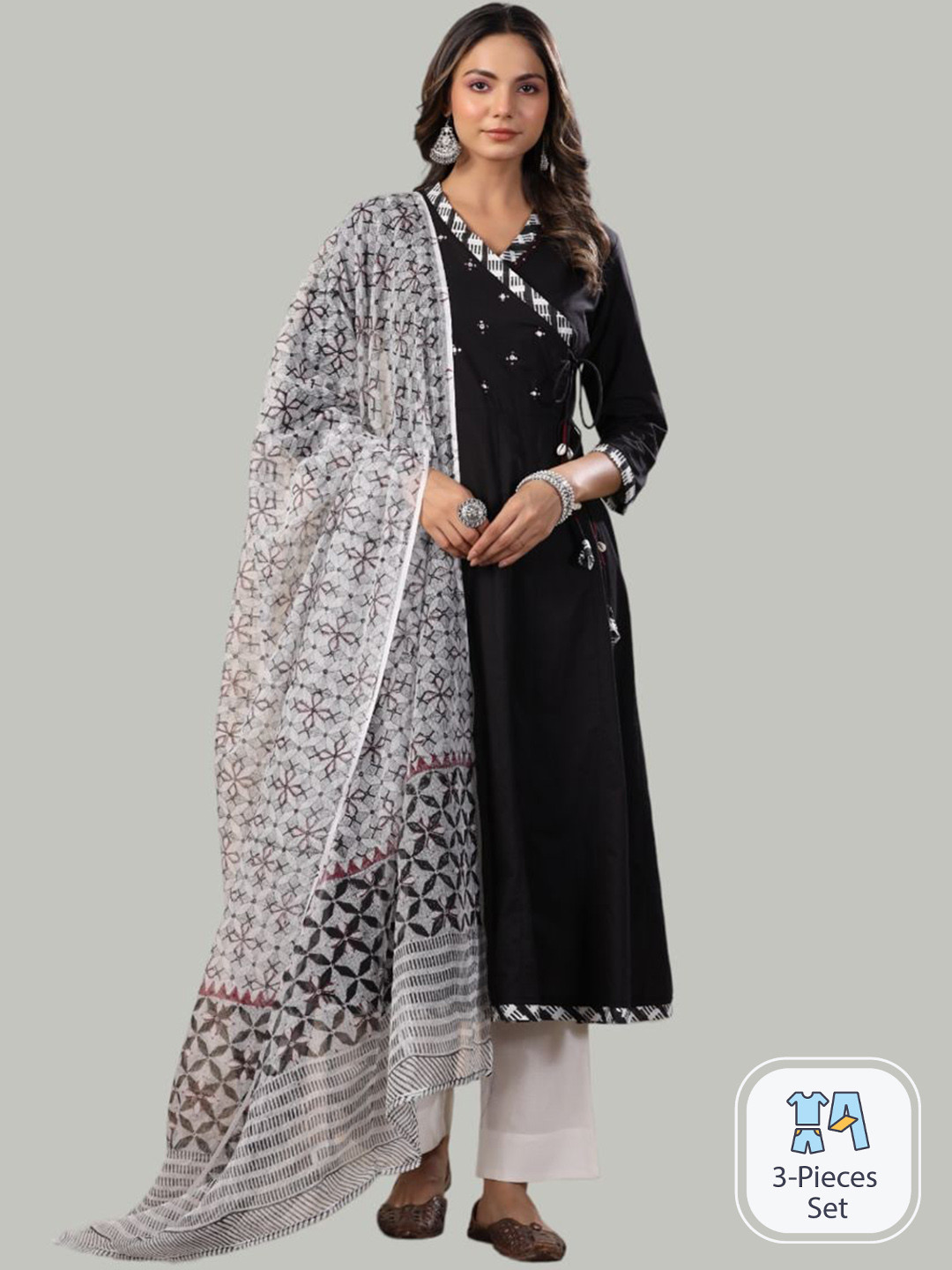 

Shuddhi Ethnic Motifs Yoke Design Thread Work Pure Cotton Kurta With Trousers & Duapatta, Black