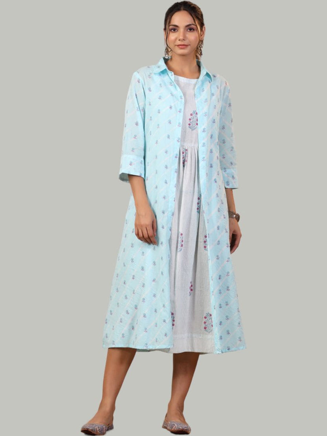 

Shuddhi Floral Printed Cotton Fit and Flare Midi Ethnic Dress, Blue