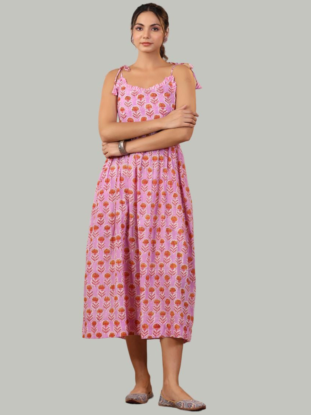 

Shuddhi Floral Printed Cotton Shoulder Straps A-Line MIdi Ethnic Dress, Pink
