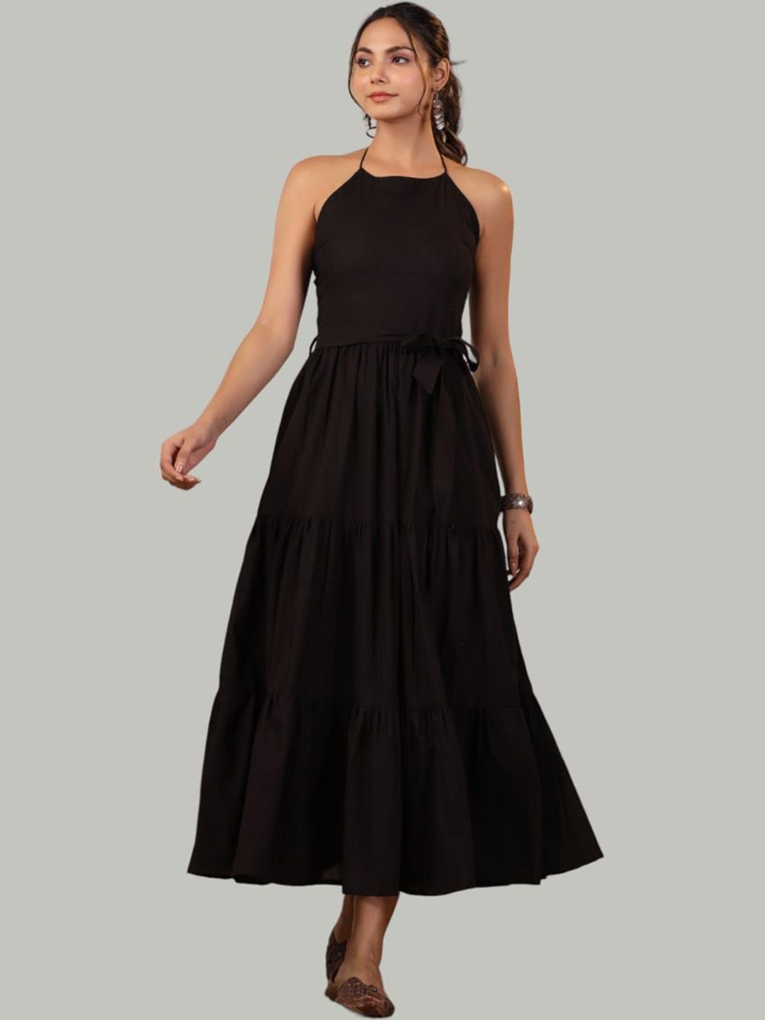 

Shuddhi Halter Neck Tie-Ups Cotton Fit and Flare Tiered Long Ethnic Dress, Black