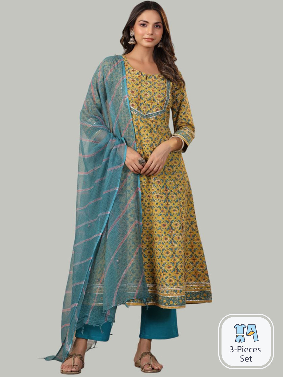 

Shuddhi Ethnic Motifs Printed Regular Pure Cotton Kurta With Trousers & Dupatta, Yellow