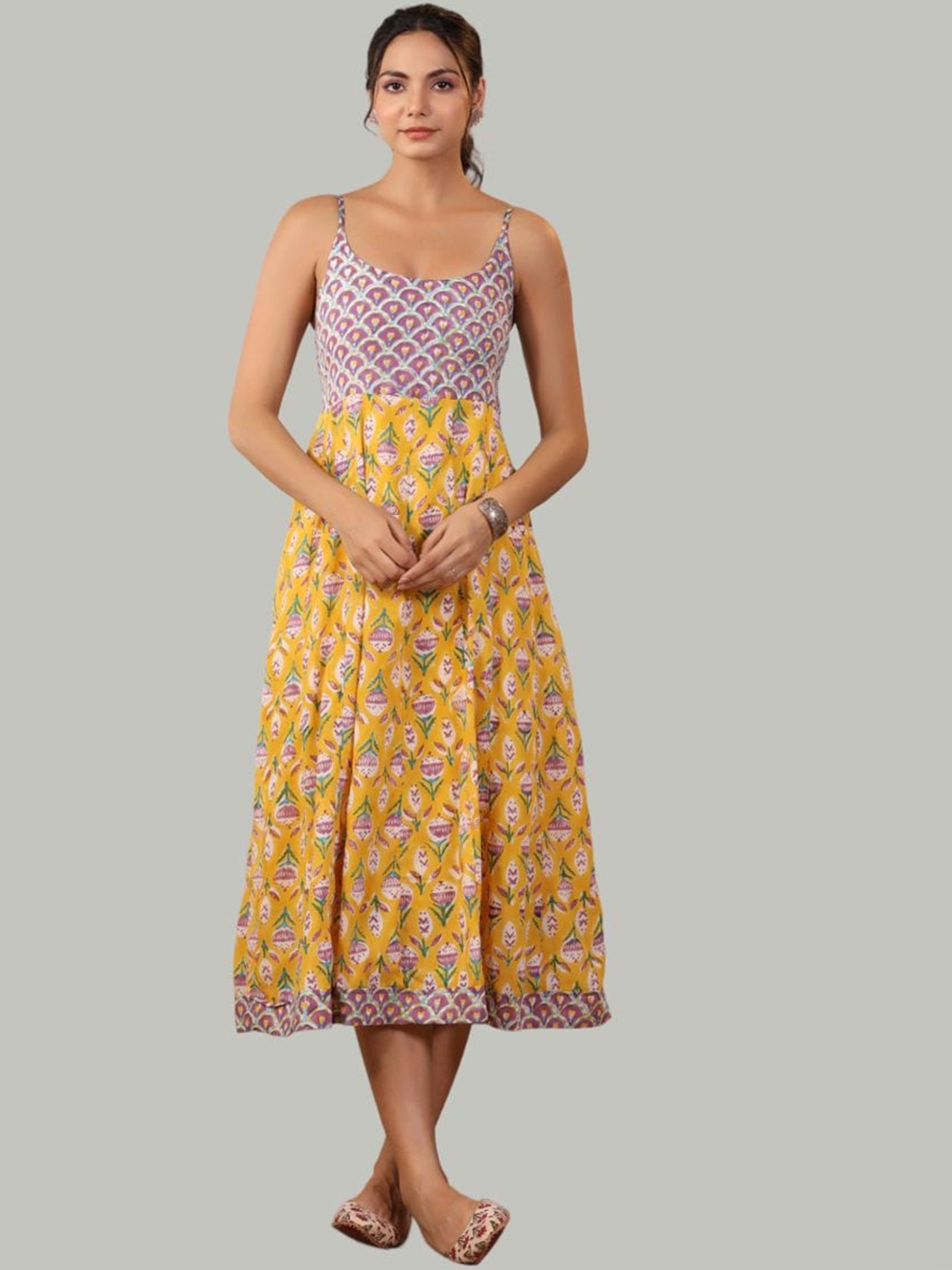 

Shuddhi Floral Printed Shoulder Straps Cotton A-Line Midi Ethnic Dress, Yellow