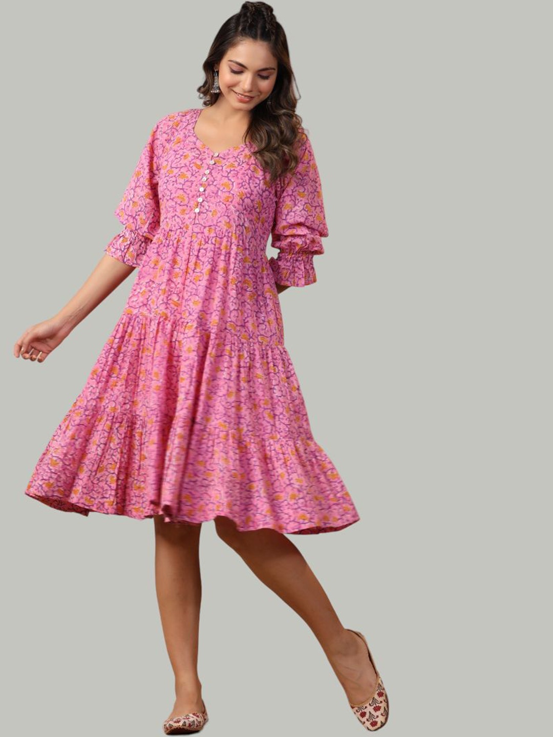

Shuddhi Floral Printed V-Neck Cotton Fit and Flare Ethnic Dress, Pink