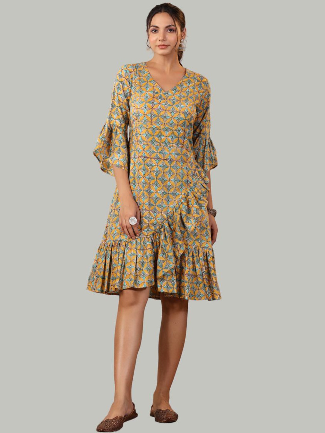 

Shuddhi Geometric Printed Bell Sleeves Cotton Ethnic Dress, Mustard