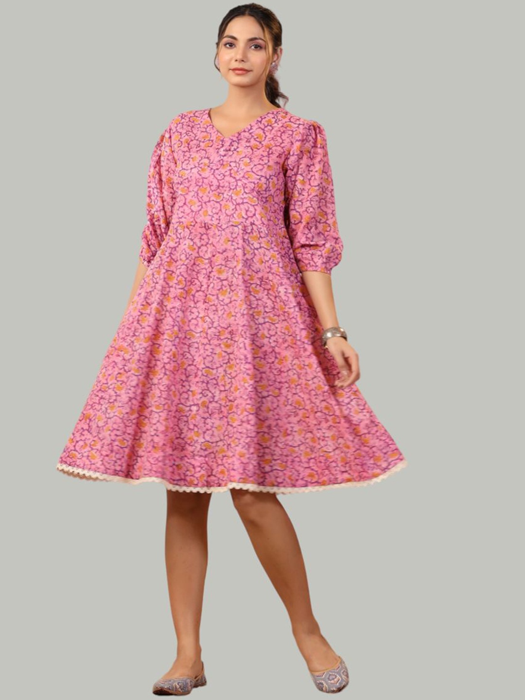 

Shuddhi Floral Printed Puff Sleeves Cotton Ethnic Dress, Pink