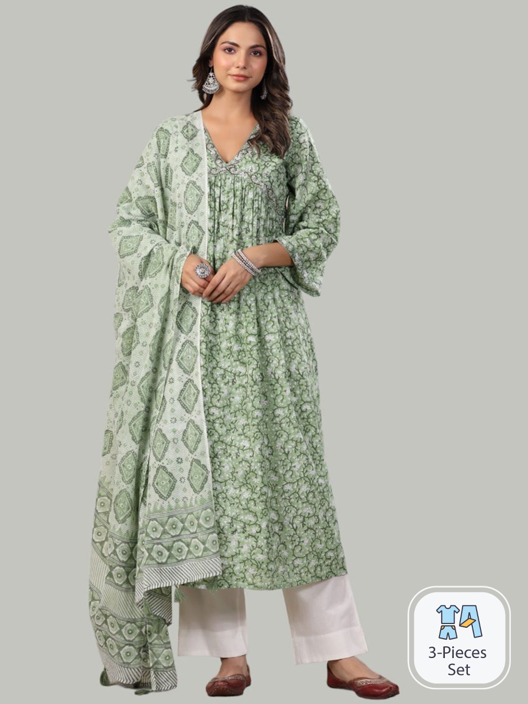 

Shuddhi Ethnic Motifs Printed Empire Pure Cotton Kurta With Trousers & Dupatta, Green