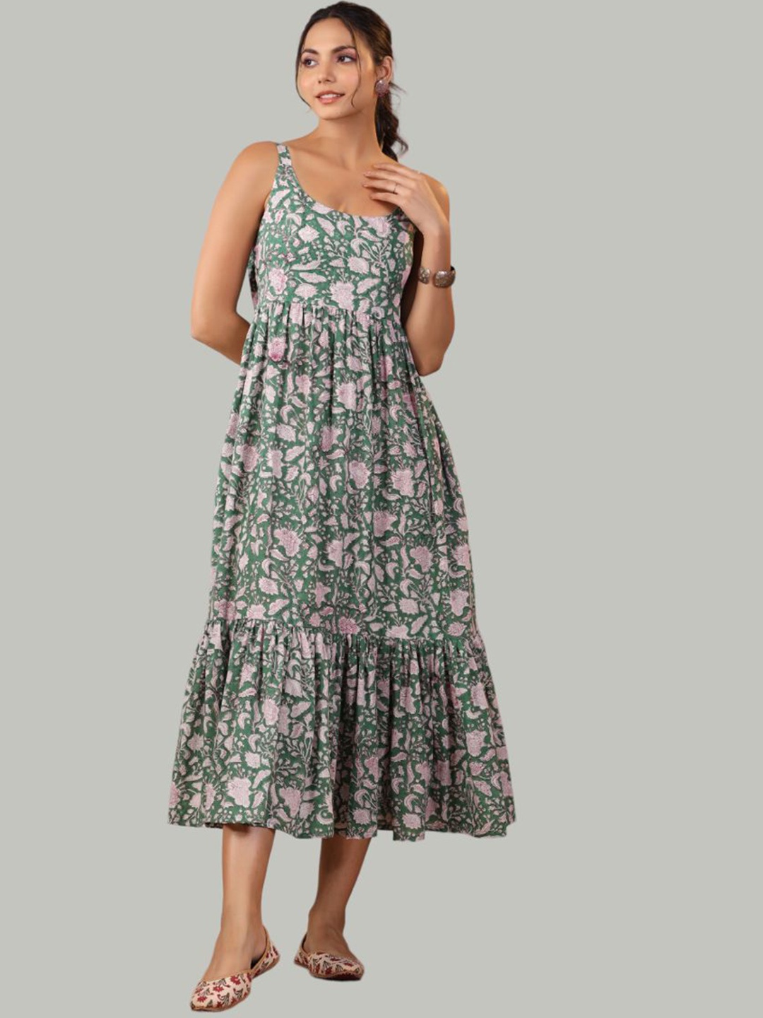 

Shuddhi Floral Printed Cotton A-Line Tiered Ethnic Dress, Green