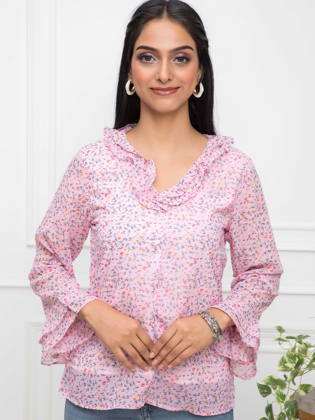 KALINI Floral Printed V-Neck Georgette Top, Pink