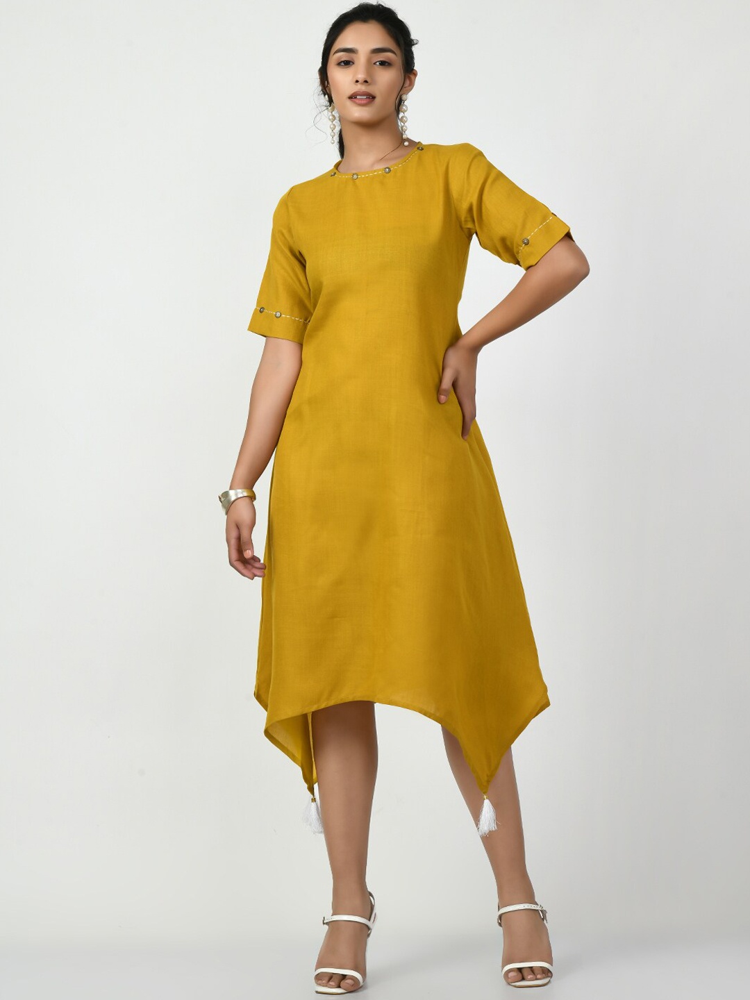 

KALINI Asymmetric A-Line Midi Kurta, Mustard