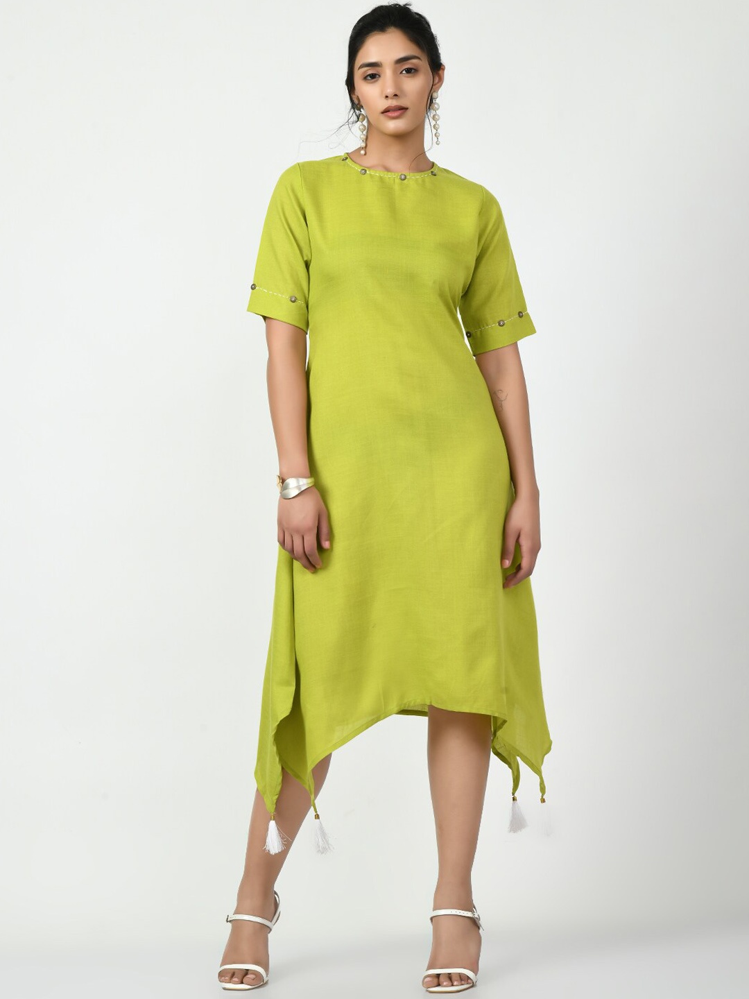 

KALINI Asymmetric Hem A-line Pure Cotton Dress, Green