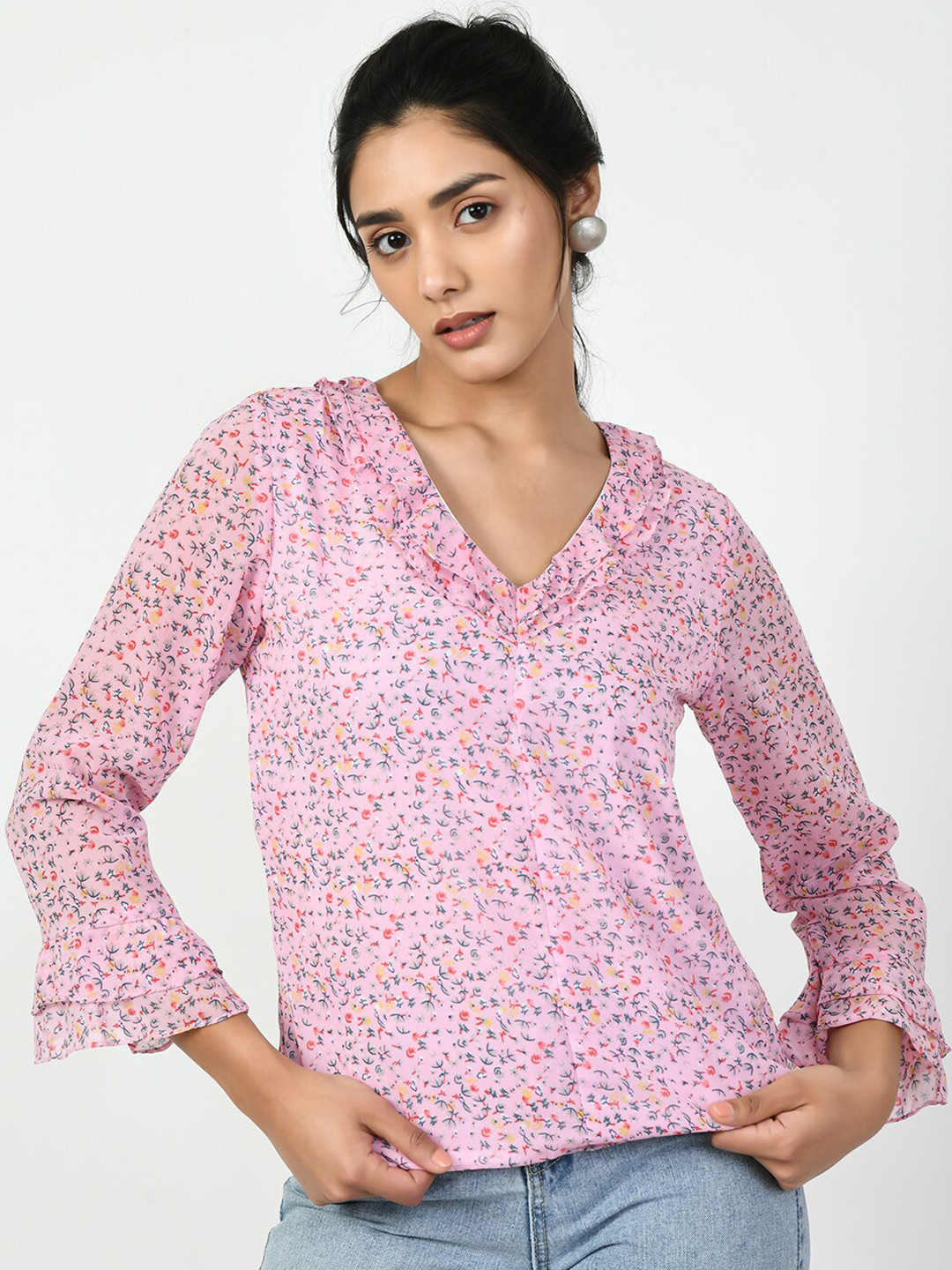 

KALINI Floral Printed Bell Sleeve Ruffled Regular Top, Pink
