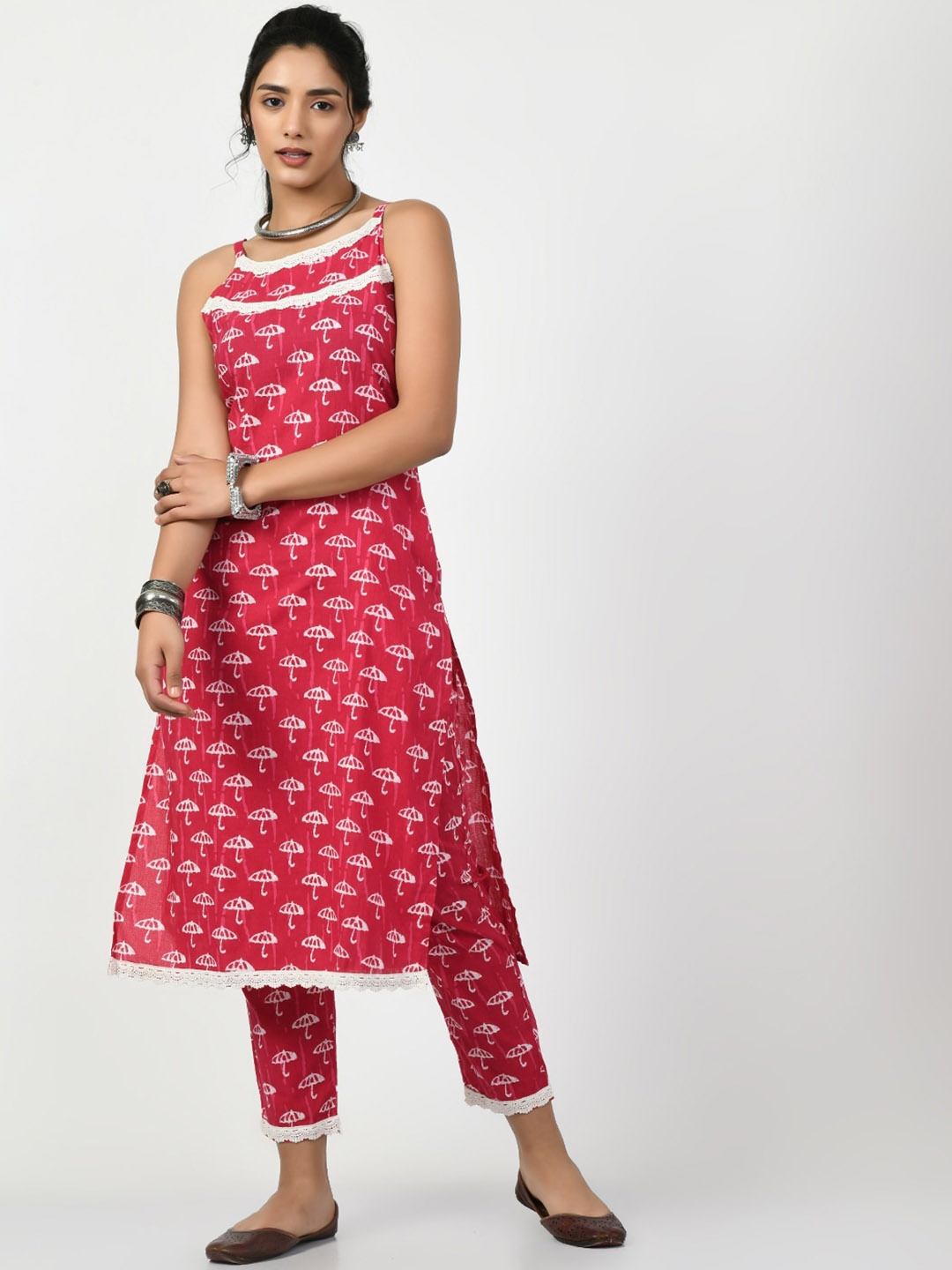 

KALINI Conversational Printed Block Print Pure Cotton Kurta, Pink