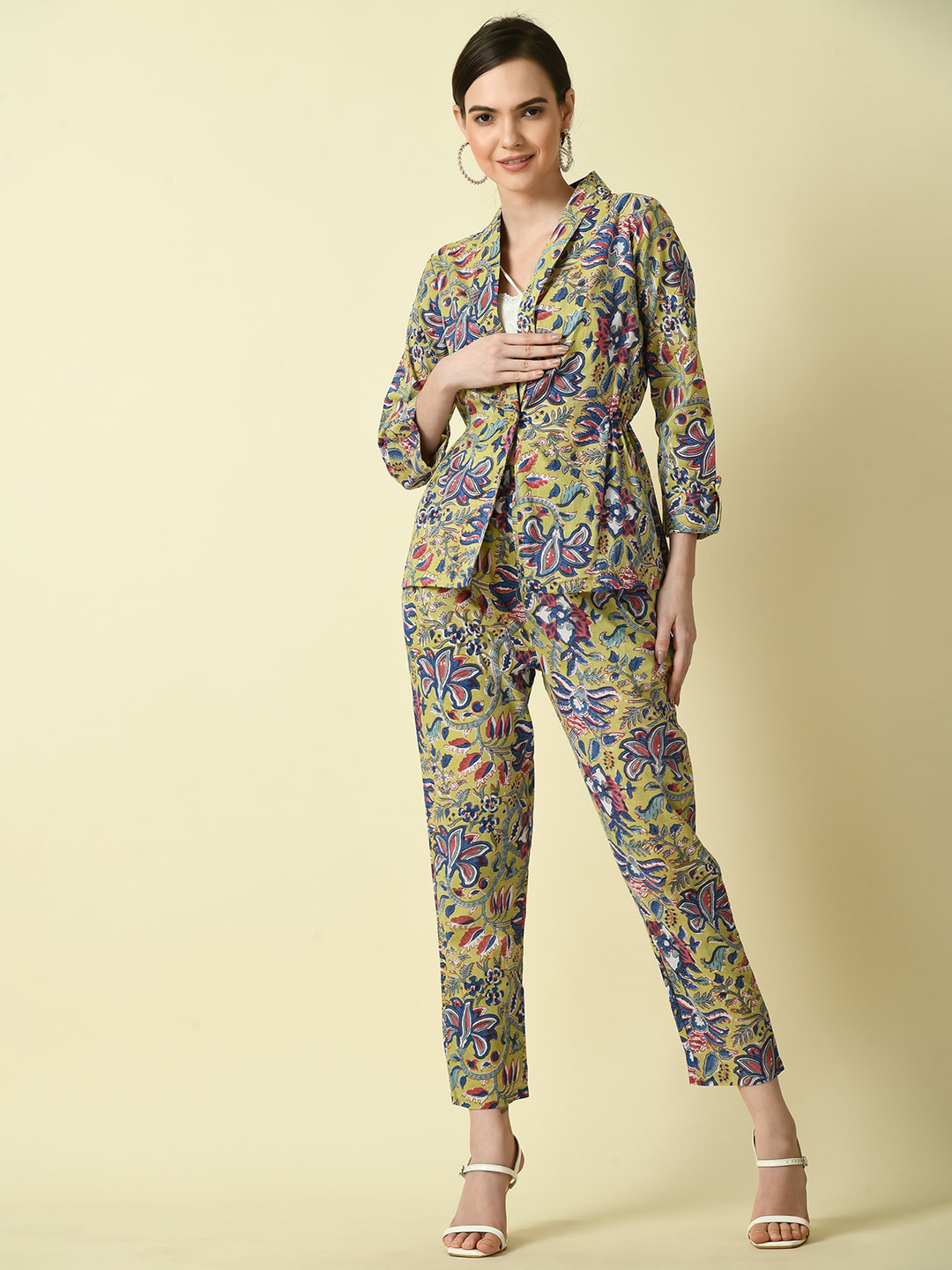 

KALINI Floral Printed Single-Breasted Cotton Blazer, Yellow