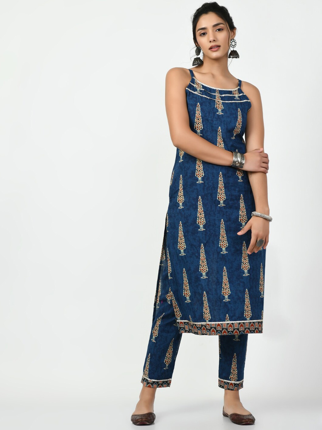 

KALINI Ethnic Motifs Printed Block Print Pure Cotton Kurta, Blue