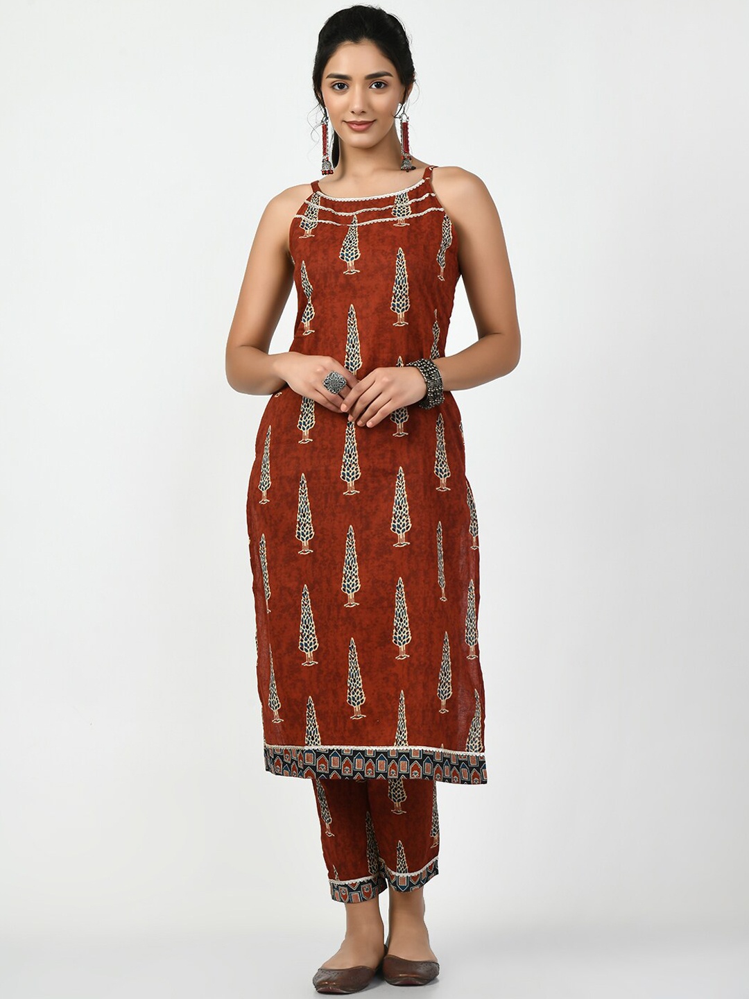 

KALINI Ethnic Motifs Printed Pure Cotton Kurta, Rust