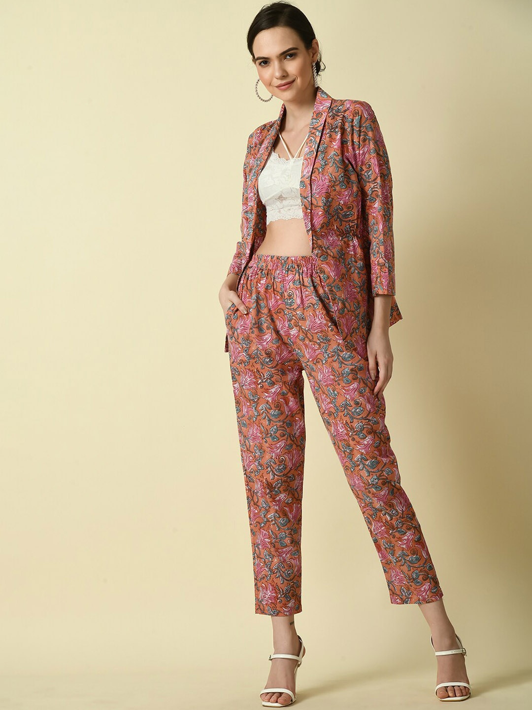 

KALINI Floral Printed Single-Breasted Cotton Blazer, Red