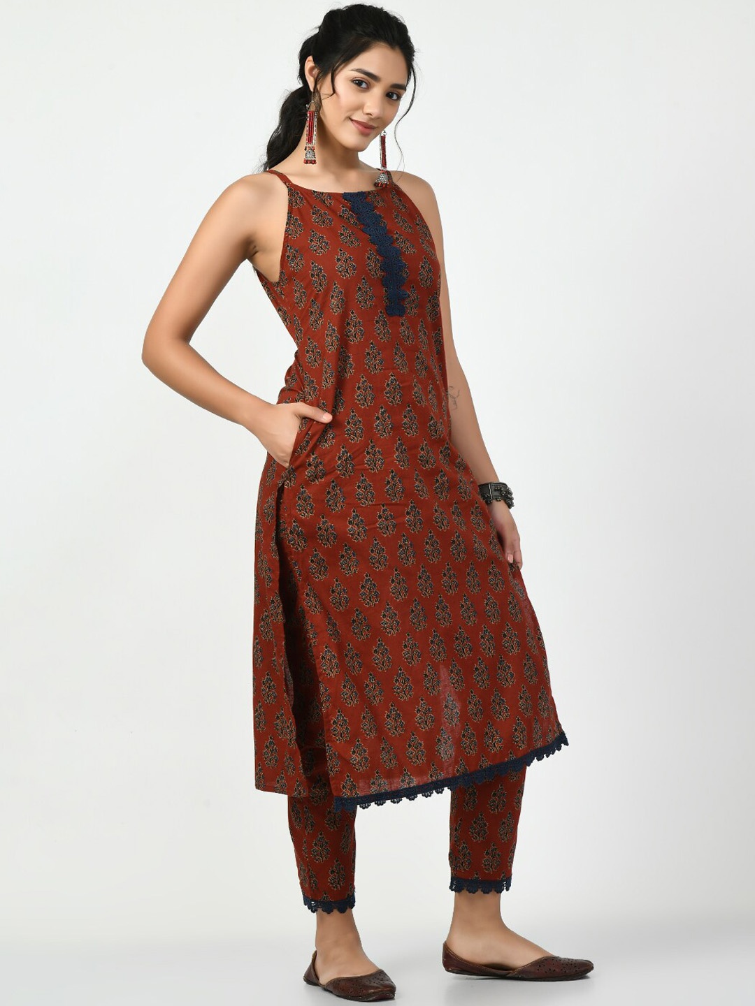 

KALINI Ethnic Motifs Printed Shoulder Strapped Pure Cotton Straight Kurta, Rust