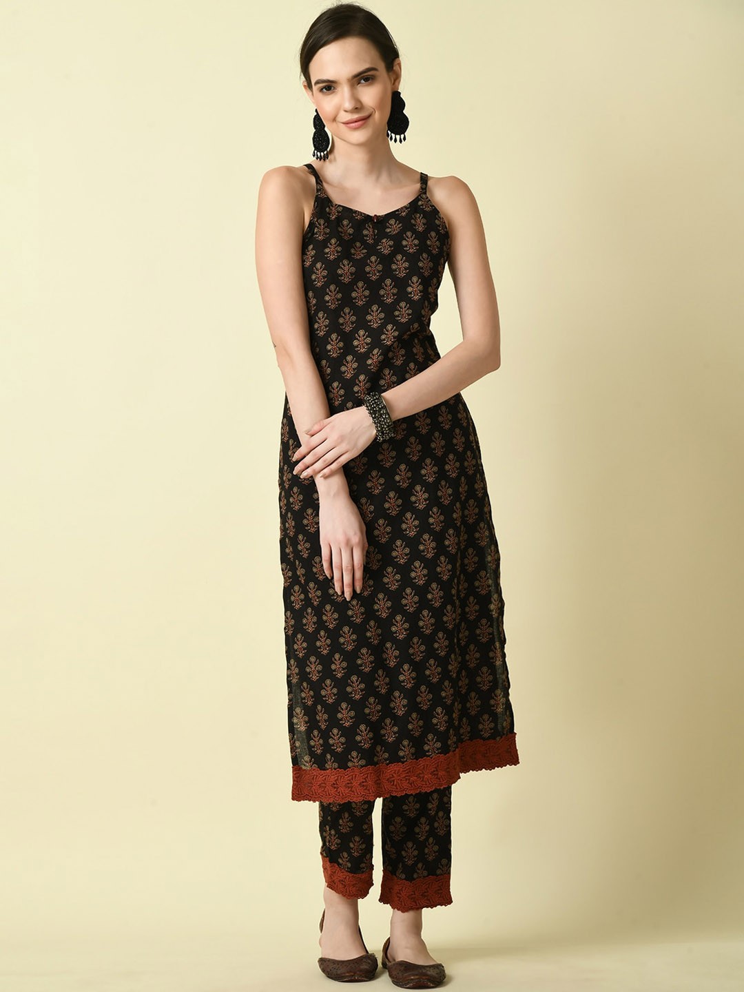 

KALINI Ethnic Motifs Printed Pure Cotton Kurta, Black