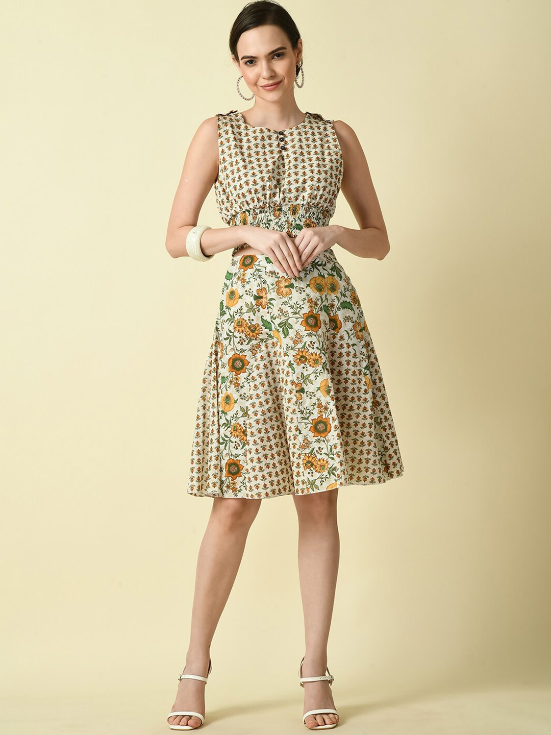 

KALINI Printed Pure Cotton Flared Knee Length Skirt, Yellow