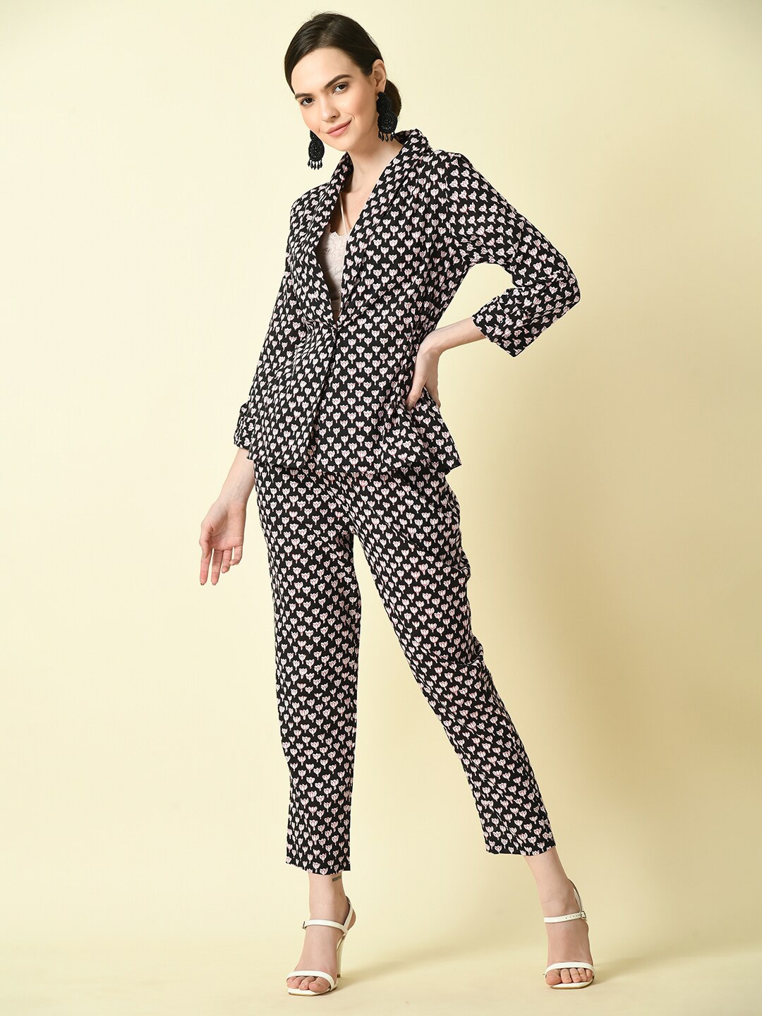 

KALINI Floral Printed Single-Breasted Cotton Blazer, Black