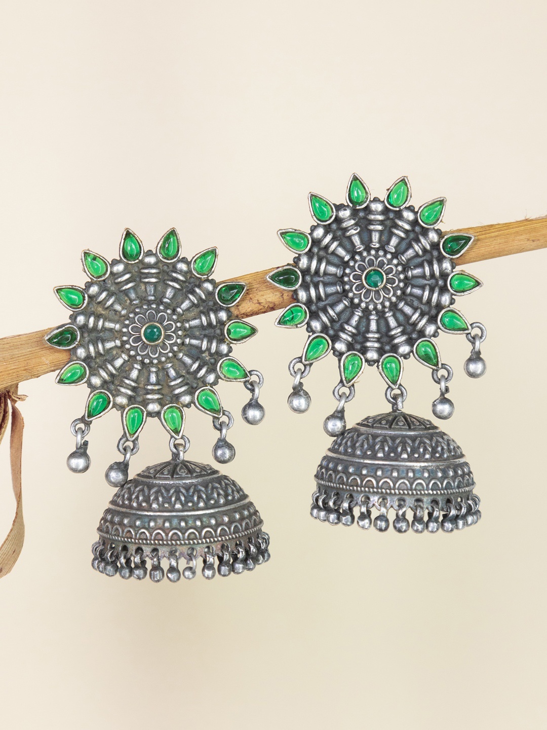 

Infuzze Silver Plated Stone Studded Jhumkas, Green