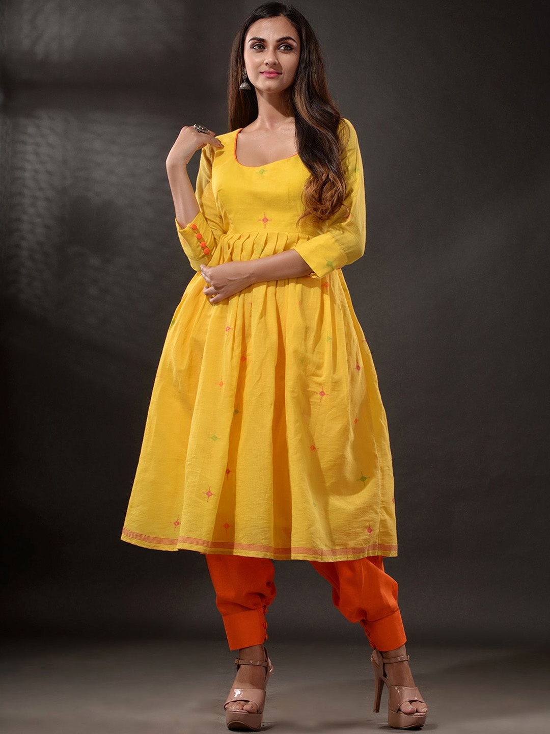 

Disli Woven Design Pure Cotton Kurta With Salwar, Yellow