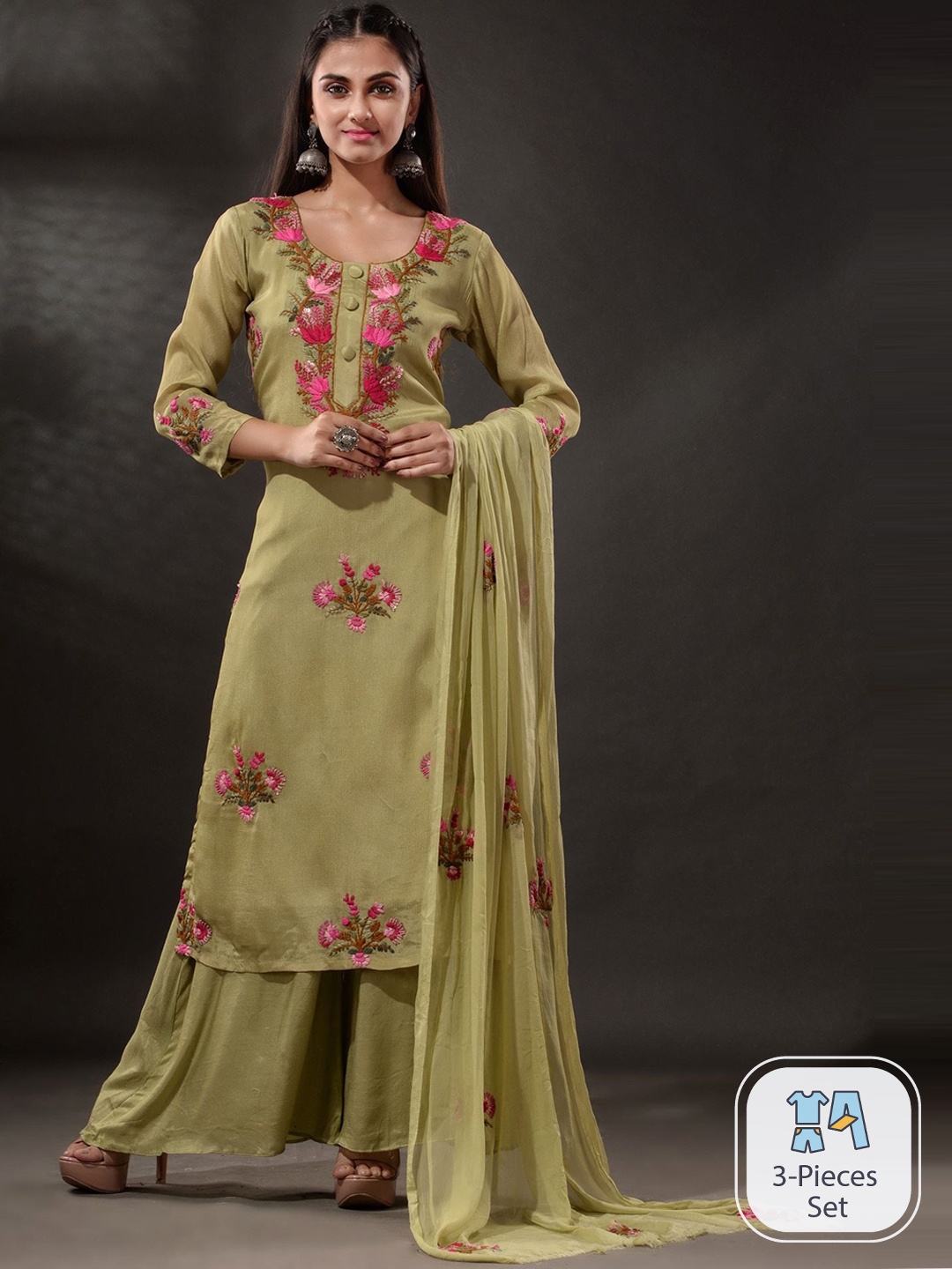 

Disli Floral Embroidered Kurta & Palazzos With Dupatta, Green