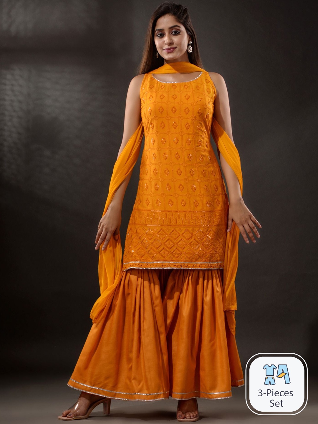 

Disli Geometric Embroidered Sequinned Sleeveless Kurta With Sharara & Dupatta, Yellow