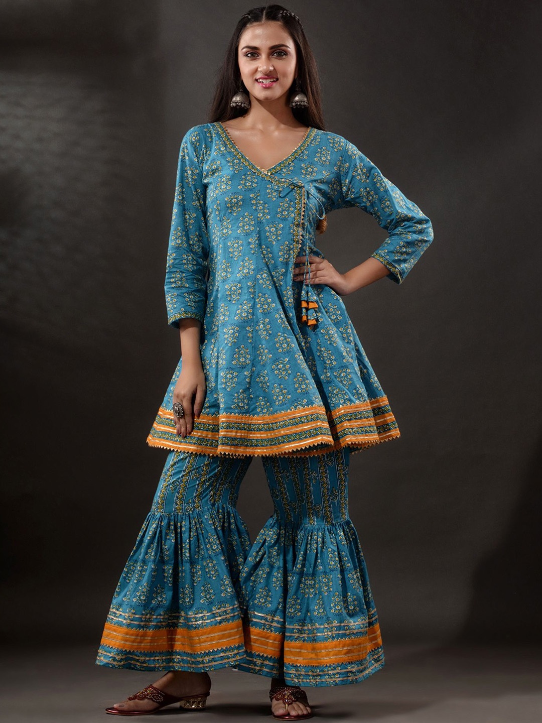 

Disli Floral Printed Angrakha Gotta Patti Pure Cotton Kurta with Sharara, Blue