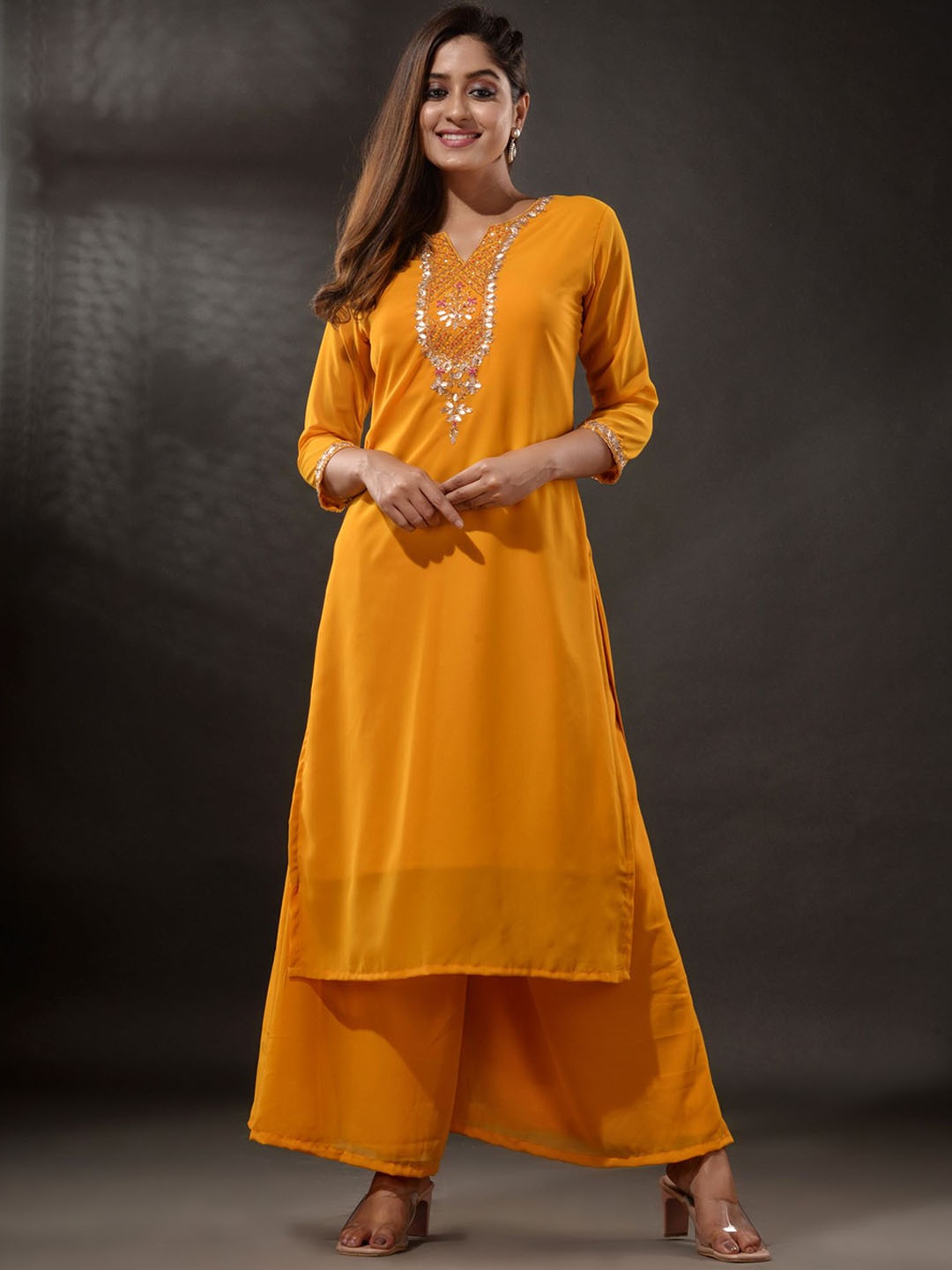 

Disli Ethnic Motifs Yoke Design Mirror Work Georgette Regular Kurta With Palazzos, Orange