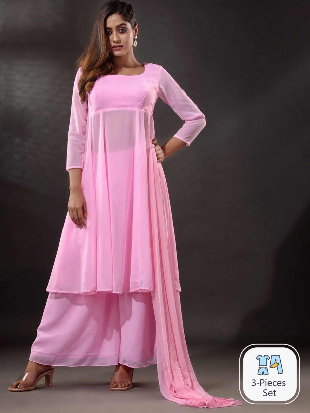 

Disli Round Neck Regular Georgette Anarkali Kurta with Sharara & Dupatta, Pink