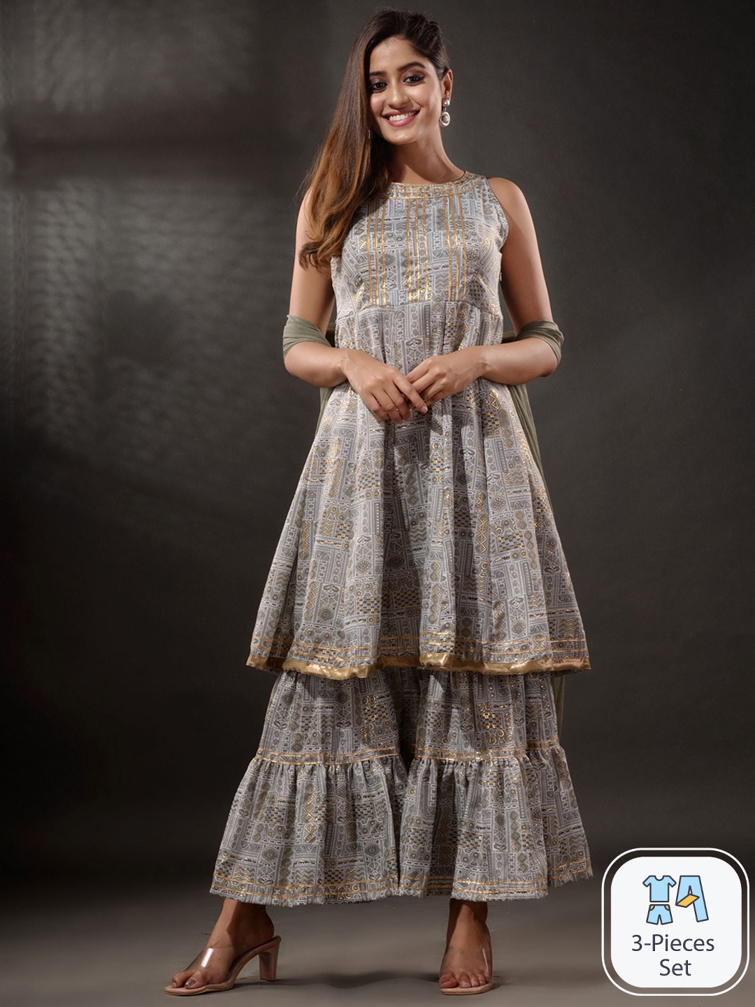 

Disli Ethnic Motifs Printed Kurta & Sharara With Dupatta, Grey