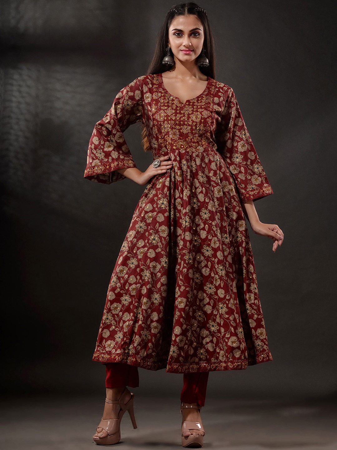 

Disli Ethnic Motifs Printed Sequinned Chanderi Cotton Anarkali Kurta with Trousers, Maroon
