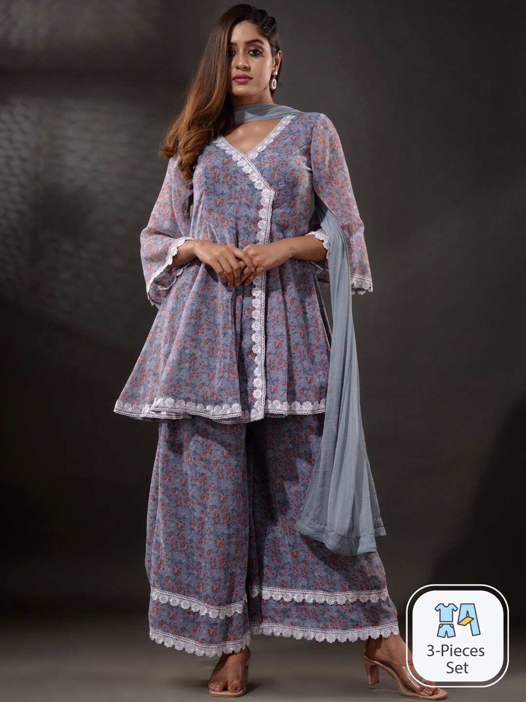 

Disli Floral Printed Bell Sleeves Angrakha Kurti With Sharara & Dupatta, Grey