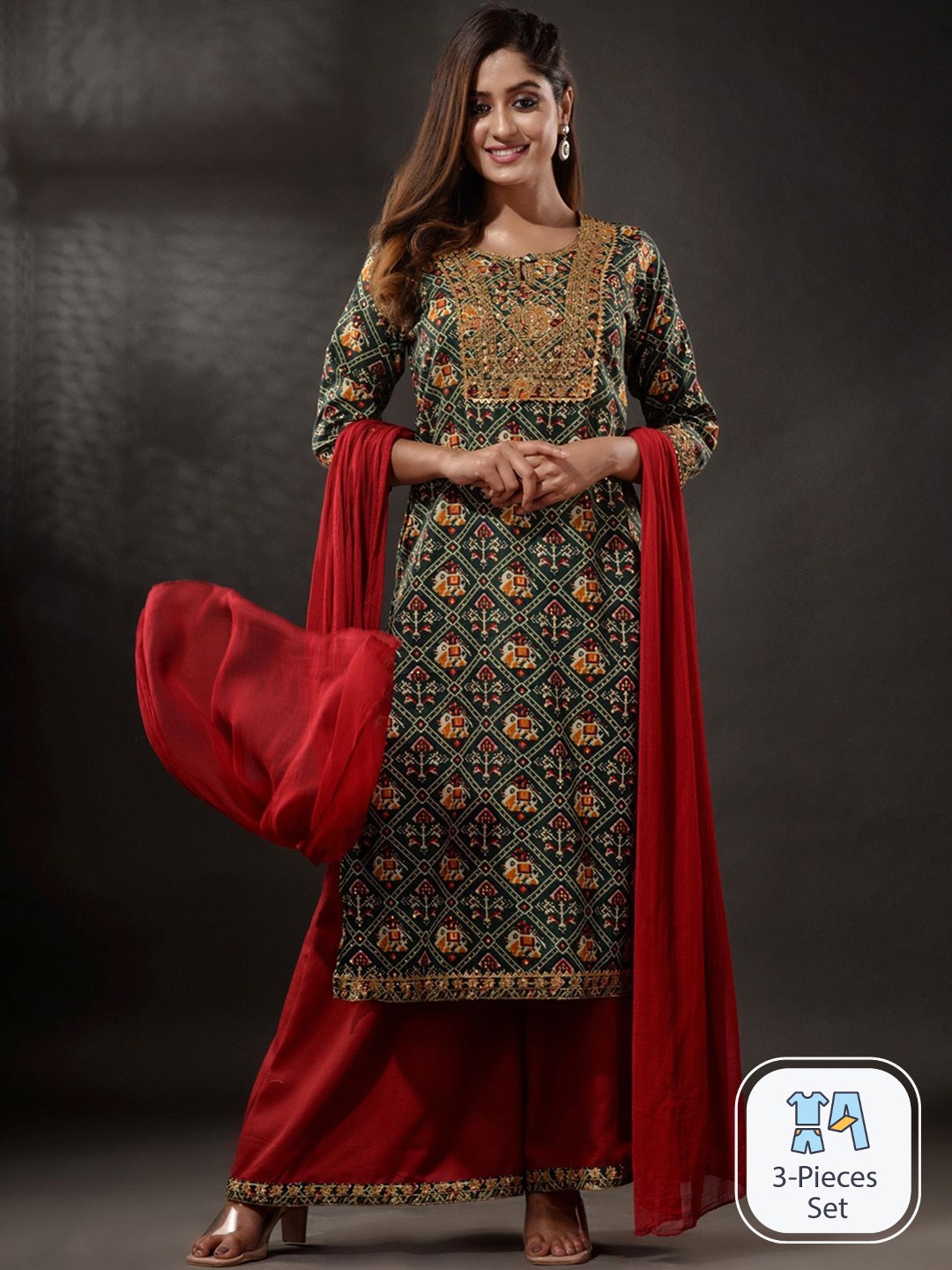 

Disli Ethnic Motifs Printed Regular Chanderi Silk Kurta & Palazzos With Dupatta, Green