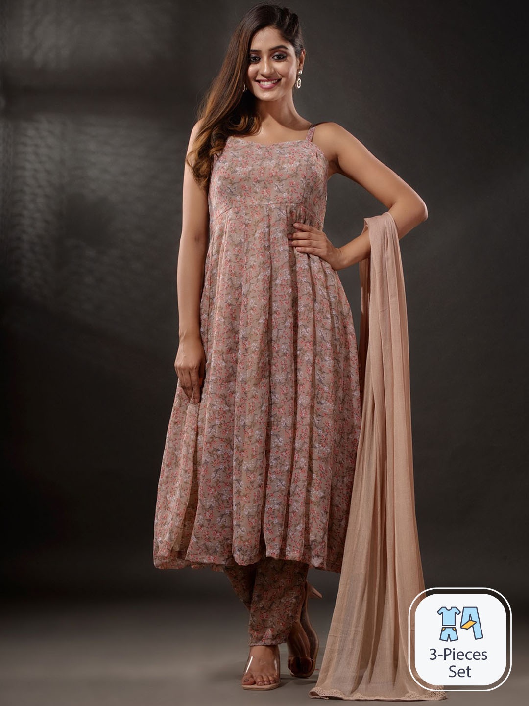 

Disli Floral Printed Anarkali Georgette Kurta With Trousers & Dupatta, Beige