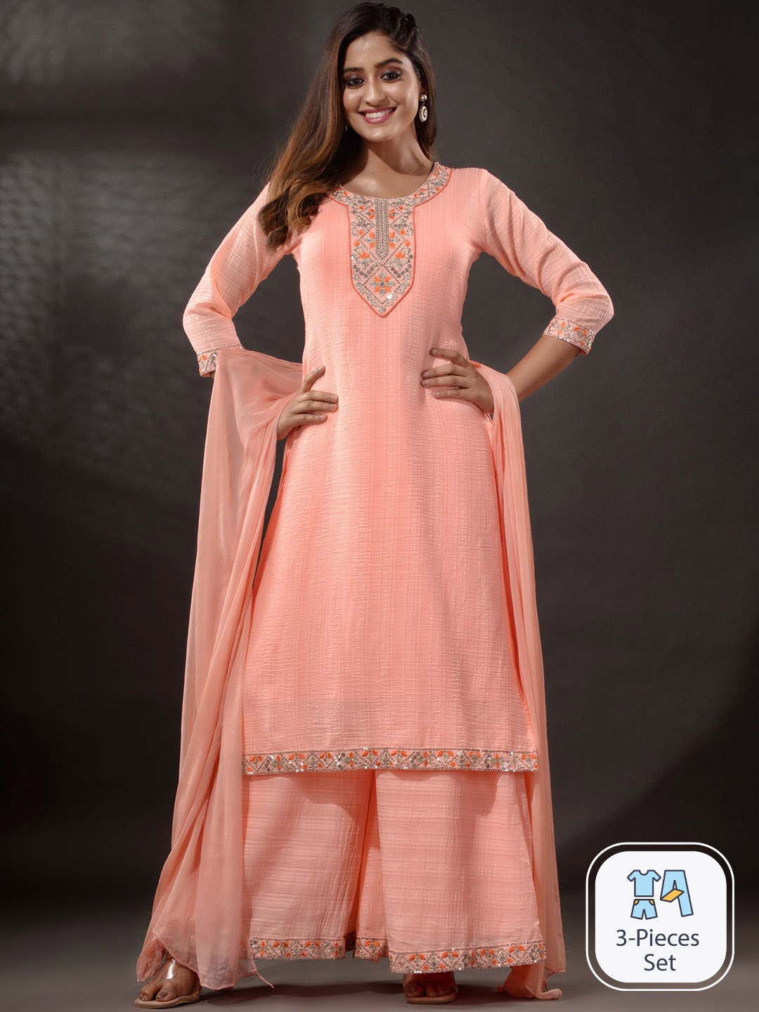 

Disli Yoke & Border Design Embellished Sequinned Pure Cotton Kurta with Palazzos & Dupatta, Peach