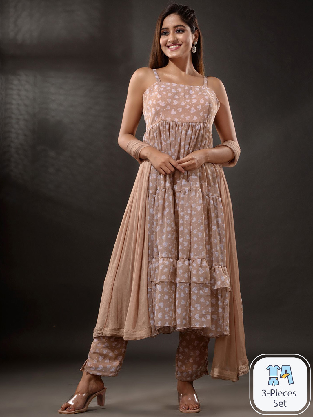 

Disli Geometric Printed Shoulder Straps Georgette Kurta With Trousers & Dupatta, Beige